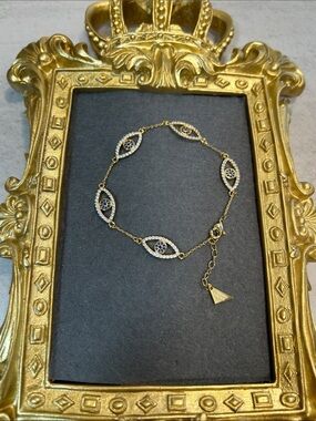 Delicate Gold-Tone Blue Crystal Evil Eye Link Bracelet